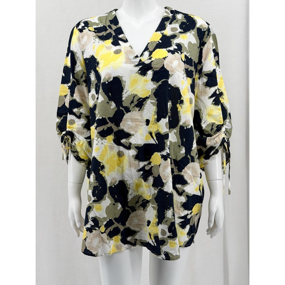 Ulla Popken Top Womens 20 22 Yellow Navy Abstract‎ 3/4 Sleeve Cotton Artsy Sheer
